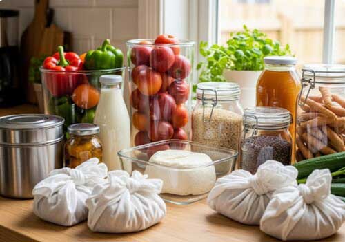 aliments dans divers contenants suite à une séance de batch cooking