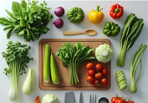 Légumes frais sur une planche à découper avec ustensiles