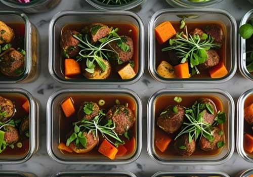 Plats préparés en batch cooking dans des contenants en verre