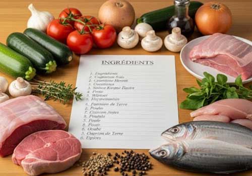 liste de courses enourée de divars aliments sur une table en bois