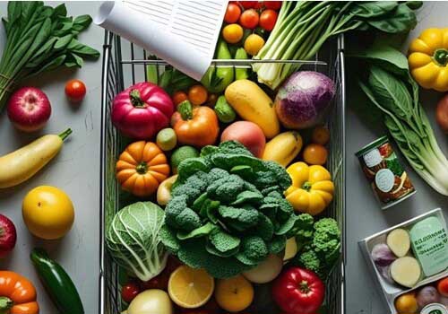 Panier de courses rempli de légumes frais et liste de courses