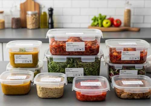 plusieurs boites alimentaire remplies de divers plats sur une table de cuisine