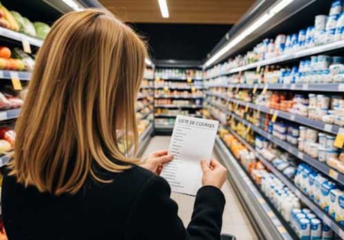 une femme dans une allée de magasin qui tient une liste