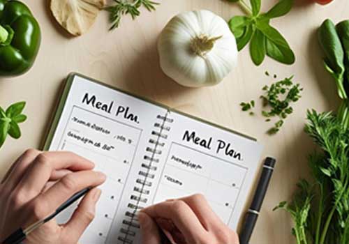Planification de repas sur un carnet avec des légumes frais