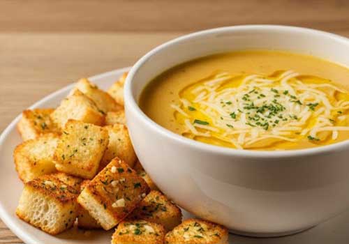 Soupe au Fromage et Croûtons Aillés