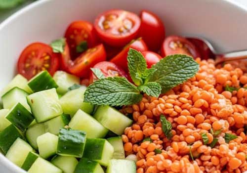 Bol de Lentilles Corail Froides aux Concombres, Tomates Cerises et Menthe