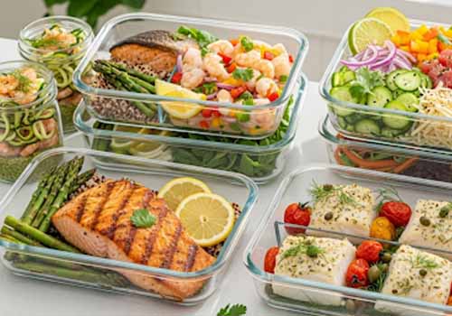 Plats de batch cooking aux saveurs iodées pour la semaine, avec du poisson, des fruits de mer et des légumes frais.