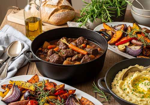 Plats de batch cooking rustiques et généreux, avec un ragoût, des légumes racines rôtis et une purée, sur une table en bois.