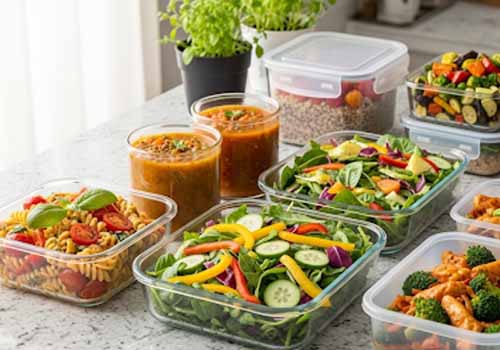 Assortiment de plats de batch cooking, avec des salades, des soupes et des plats cuisinés, illustrant la diversité des menus.