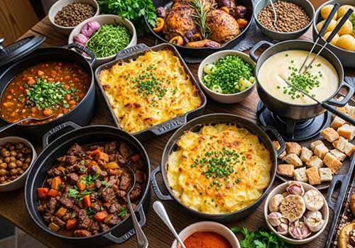 Plats de batch cooking montagnards, avec des gratins de pommes de terre, une fondue et des plats mijotés, pour des repas réconfortants.