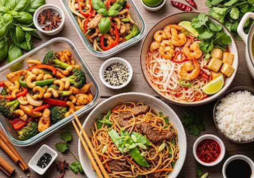 Plats de batch cooking aux saveurs asiatiques, avec des nouilles, des currys et des sautés de légumes, riches en épices.