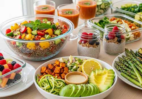 Plats de batch cooking frais et légers, avec des salades composées, des légumes grillés et des fruits, parfaits pour l'été.