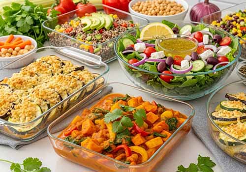 Plats de batch cooking végétariens, avec des gratins de légumes, un curry et des salades composées, riches en couleurs et en saveurs.