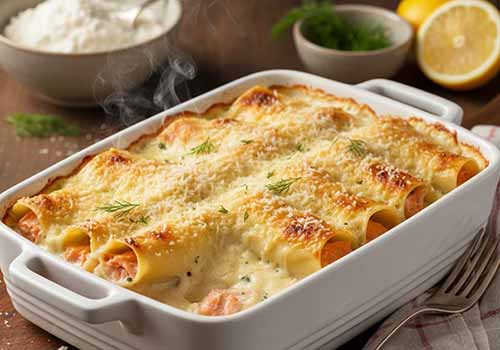 Cannellonis au saumon gratinés, farce onctueuse au poisson frais et ricotta, nappés de béchamel et parmesan. Un plat élégant et savoureux, parfait pour un dîner raffiné en Auvergne-Rhône-Alpes.