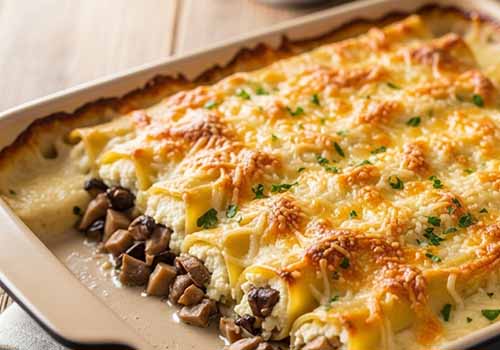 Des cannellonis aux champignons dans un plat qui sort tout juste du four