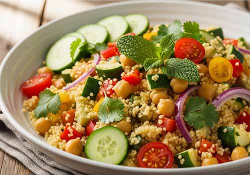 couscous de légumes : semoule fine, courgettes, poivrons, tomates cerises, pois chiches, menthe et coriandre pour un repas léger et savoureux, parfait pour les journées ensoleillées. Une recette facile et idéale pour le batch cooking