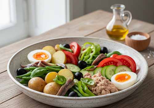 Salade Niçoise revisitée : une version moderne et gourmande du classique méditerranéen. Ce plat sain et coloré, aux saveurs de la Côte d'Azur, est idéal pour un repas d'été léger.