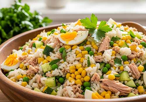 Un saladier contenant une salade de riz avec du thon des œufs des petits poids du mais du concombre et une bonne vinaigrette.