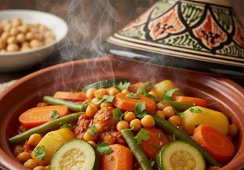 Tajine de légumes végétarien : carottes, pommes de terre, courgettes et pois chiches mijotés dans une sauce tomate épicée, garni de coriandre fraîche. Un plat marocain sain et parfumé, idéal pour un repas équilibré