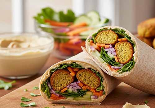 Wrap végétarien frais et gourmand. Onctuosité du houmous, croquant du concombre et des carottes râpées dans une tortilla de blé. Un repas rapide, sain et facile à préparer pour la semaine.