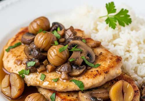 Poulet aux Châtaignes et Champignons