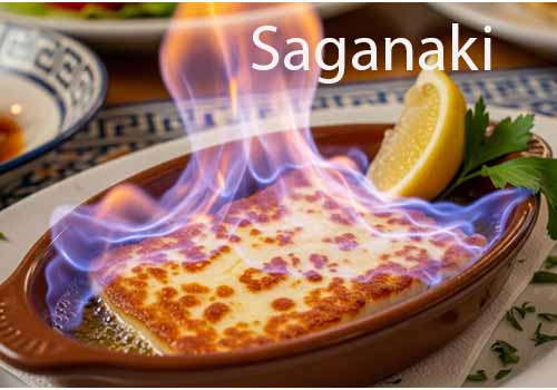 Fromage saganaki flambé dans un plat en terre cuite