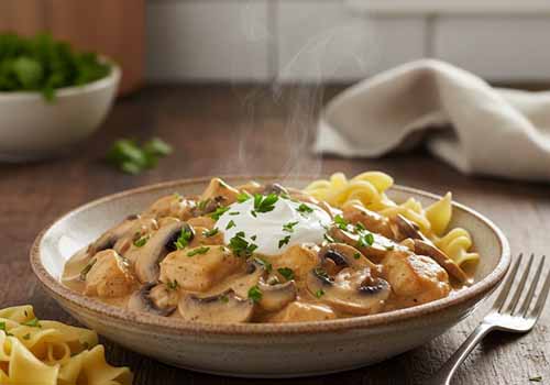 Stroganoff de Poulet aux Champignons dans une assiette