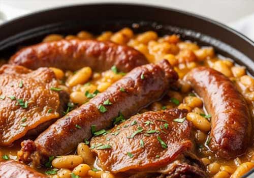 Un plat contenant du cassoulet