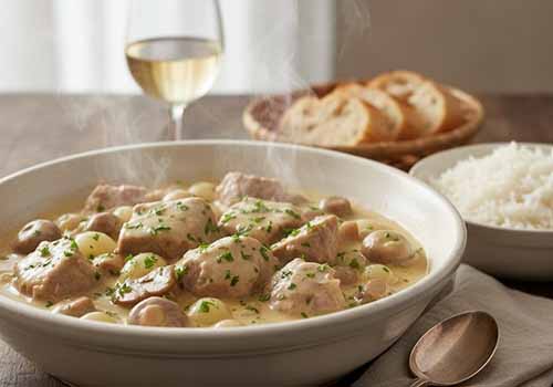 Blanquette de Veau servie dans une assiette, du riz dans une autre, du pain dans un petit panier et un verre de vin blanc.
