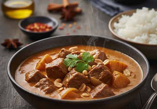 Bœuf au curry Massaman dans un bol accompagné de riz dans un autre bol