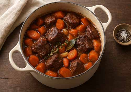 Bœuf braisé aux carottes et oignons, servi dans une cocotte en fonte, illustrant un plat mijoté et réconfortant.