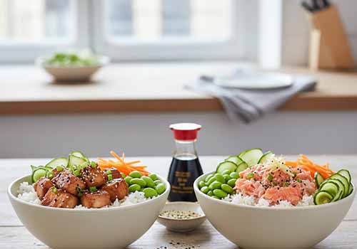 Deux bols de donburi, l'un au saumon et l'autre au poulet