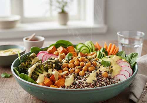 Buddha Bowl dans une assiette composé de quinoa, patate douce, brocoli, d'épinards frais, concombre, radis, avocat, pois chiches le tout nappé d'une sauce citron-tahini