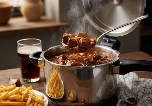Carbonnade flamande a la sortie de la cocotte-minute, des frites sont posées dans une assiette à côté.