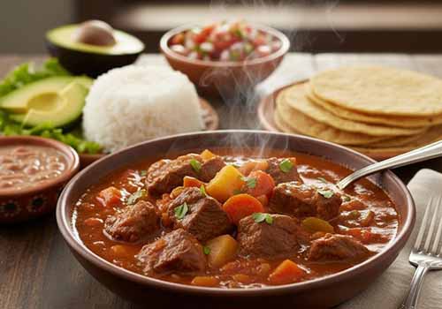 Carne Guisada dans une assiette accompagnée de riz et de petites tortillas