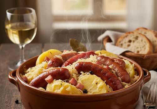 Une Choucroute Garnie servie dans un plat avec un verre de vin blanc et du pain à côté