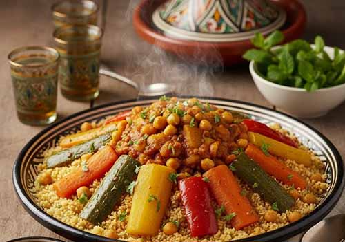 Un couscous végétarien présenté dans un beau plat en porcelaine