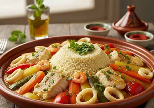 Couscous à base de poisson, fruits de mer et légumes