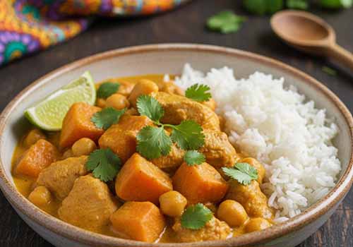Riz et curry caribéen dans une assiette