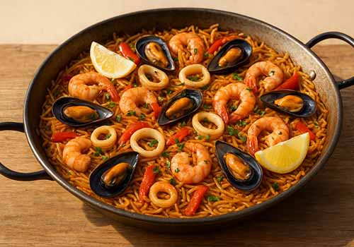 Fideuà (paella de pâtes) dans une grande poêle à paella