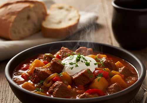Goulash de Bœuf et Pommes de Terre avec dessus une pointe de crème fraîche épaisse et parsemé de persil frais ciselé.