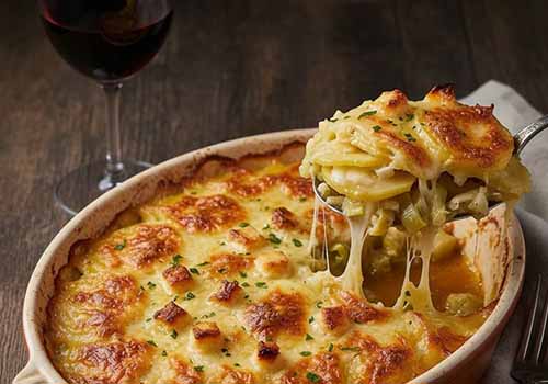 Gratin Savoyard aux Poireaux sortant du four