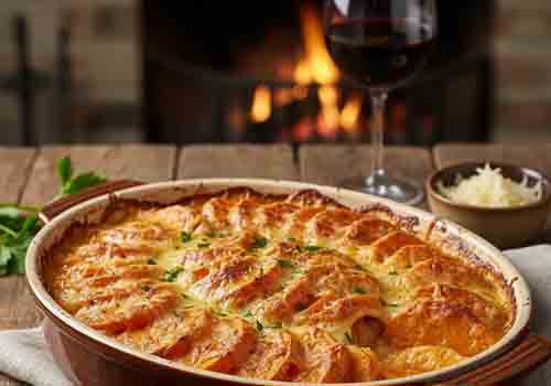 Gratin de Patate Douce servi avec un verre de vin rouge