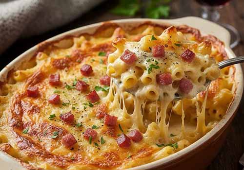 Gratin de Pâtes aux Fromages Forts et Lardons sortant du four