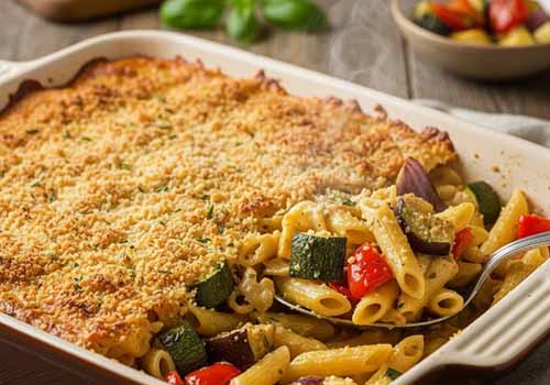 Gratin de Pâtes aux Légumes Rôtis et Béchamel Végétalienne