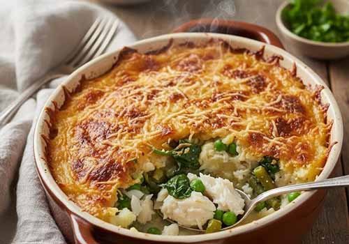 Gratin de Poisson aux Légumes Verts sortant du four