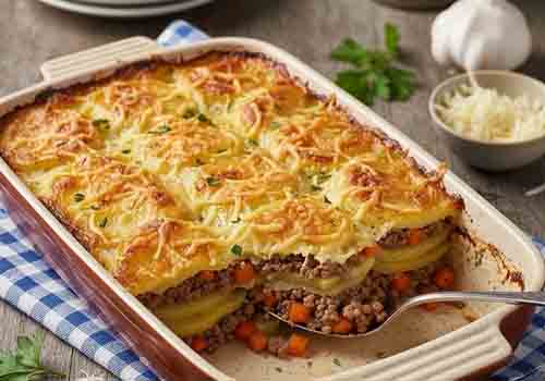 Gratin de Viande Hachée et Pommes de Terre, ou les couches de pommes de terre et de viande se superposent