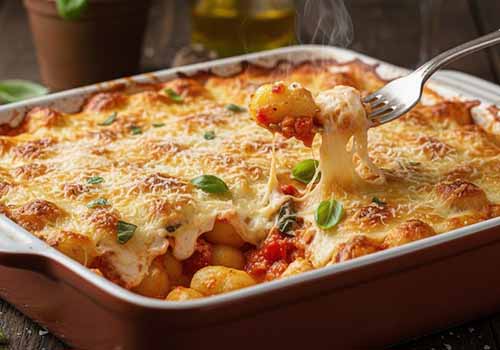 Gratin de gnocchis à la sauce tomate sortant du four