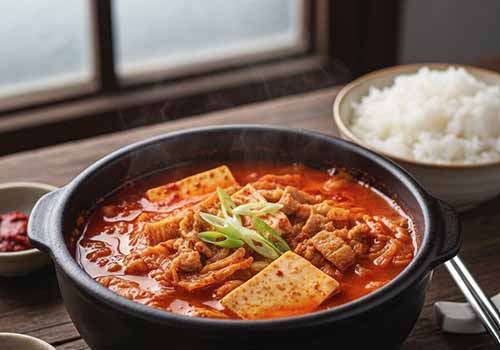 Un plat de Kimchi-Jjigae (Ragoût de Kimchi) avec un bol de riz à côté