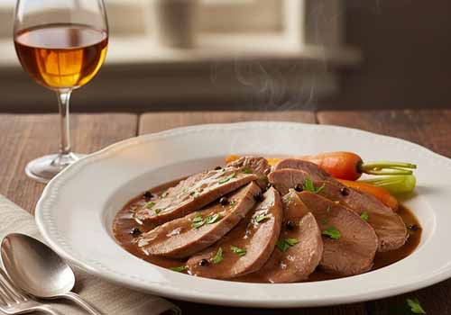 Langue de Bœuf sauce Madère servie dans un plat rond